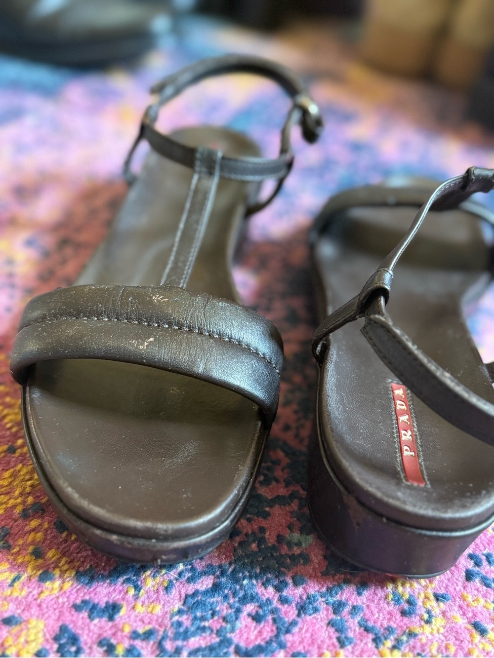 Vintage Prada Sport Linea Rossa Brown Leather T-Strap Wedge Sandals 90s - Picture 5 of 9